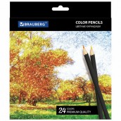 Карандаши цветные BRAUBERG "Artist line", 24 цвета, черный корпус, шестигранные, грифель 3 мм, натуральное дерево, 180565