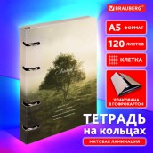 Тетрадь на кольцах А5 160х212 мм, 120 листов, картон, матовая ламинация, клетка, BRAUBERG, "Nature", 404728