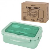 Ланч-бокс контейнер 2 секции 3+1 отделение, 1,4 л, ложка, вилка, 7х21х14 см, мятный, JOYLUX, 609347